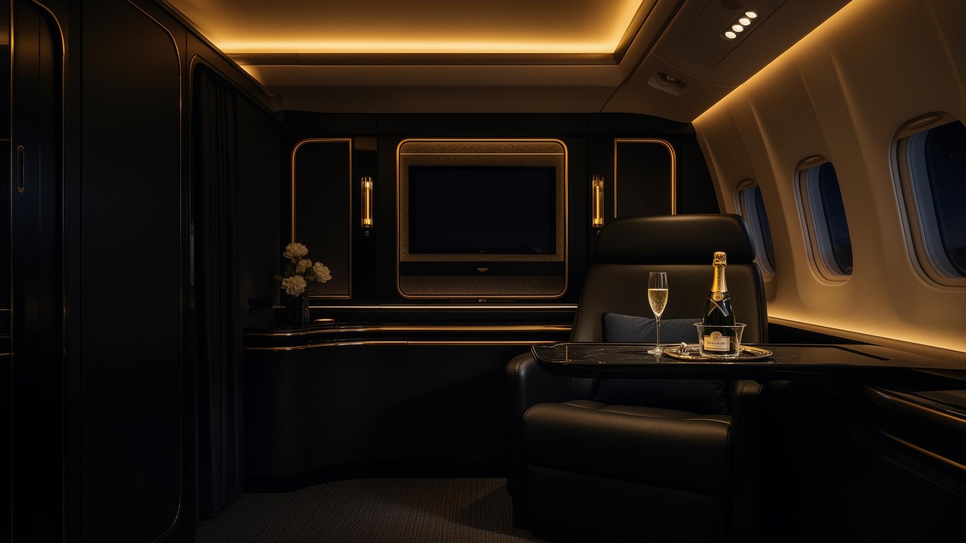 Cabine de business class iluminada em tons dourados